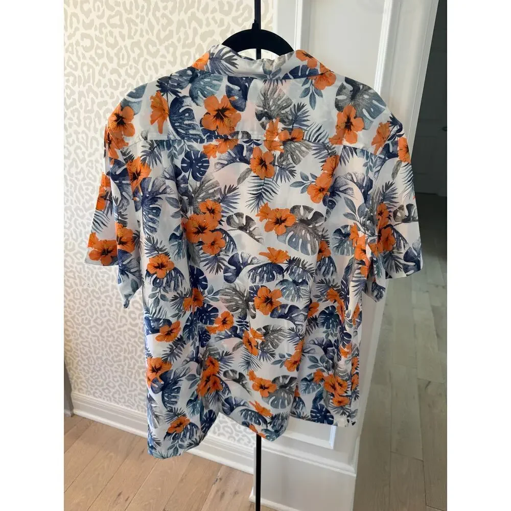 Havana Jim Men's White Blue Floral-Print Hawaiian Shirt Size XL